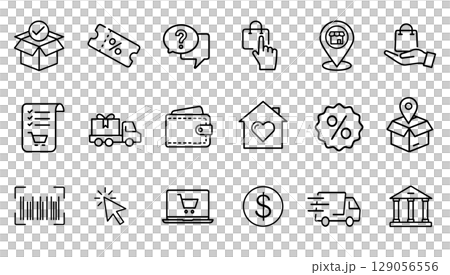 Online shopping icon set. E-commerce pictograms represent digital retail sales. Website app store logistics marketing promotion. Minimalist line art style transparent background Online shopping icon set. E-commerce pictograms represent digital retail sales. Website app store logistics marketing promotion. Minimalist line art style transparent background 129056556