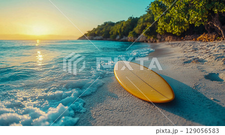 A beach with a sandy shore, where a yellow surfboard lies. Waves wash the shore, creating foam. Summer recreation, sports.	 129056583