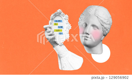 Graphic composition of sculpture looking at messages in ornate mirror on orange background Graphic composition of sculpture looking at messages in ornate mirror on orange background 129056902
