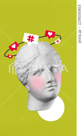 Graphic collage of classical sculpture head with orbiting social media icons on green background 129056903
