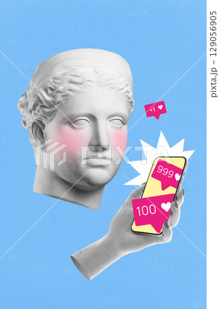 Colorful poster of classical head and smartphone showing likes on blue background Colorful poster of classical head and smartphone showing likes on blue background 129056905