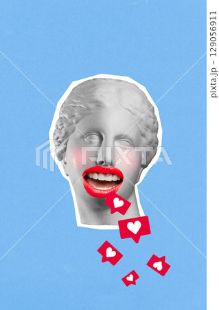 Surreal collage of classical sculpture head shouting likes with vivid lips and social icons 129056911