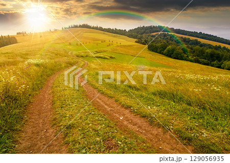 travel mountain landscape with path through meadow in summer at sunset. nature background with cloudy sky. trail winding among grass in the direction forest. countryside in evening light under rainbow 129056935