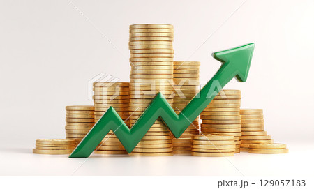 コインの山と上昇する折れ線矢印 コインの山と上昇する折れ線矢印 129057183