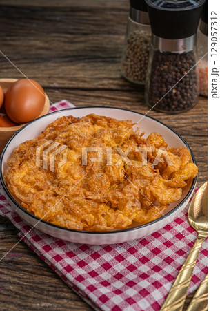 The Thai omelet on plate for Thai food and cooking concept    129057312