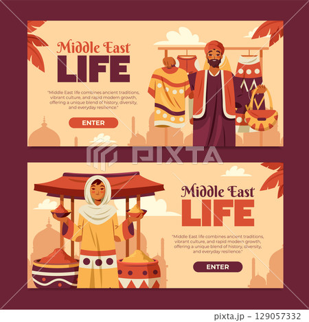 Flat Illustration of Middle East Life and Market Horizontal Banner Set 129057332