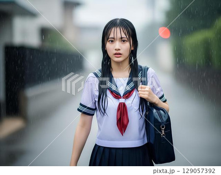 突然のゲリラ豪雨で濡れる女子高生 129057392
