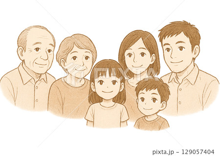 笑顔あふれる三世代家族 129057404