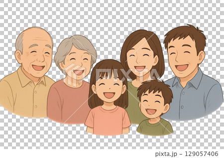 笑顔あふれる三世代家族 129057406
