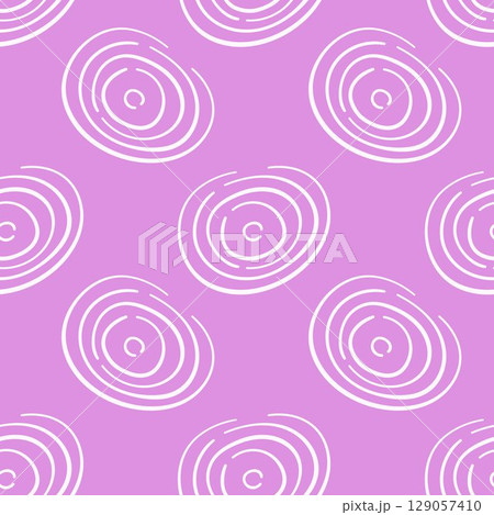 Seamless pattern with line art style onion ring on pink background. Perfect for vegetable delivery packaging, kitchen decor and culinary themed graphic design. 129057410