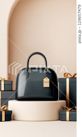Elegant black handbag displayed on pedestal with gift boxes, showcasing luxury fashion and sale promotion in a stylish setting 129057479