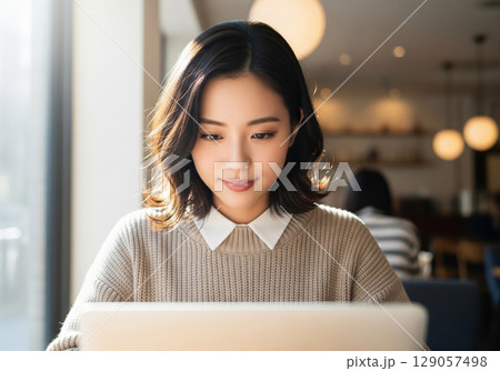 明るいカフェでベージュのニットを纏い、パソコンで仕事を行なう女性 明るいカフェでベージュのニットを纏い、パソコンで仕事を行なう女性 129057498
