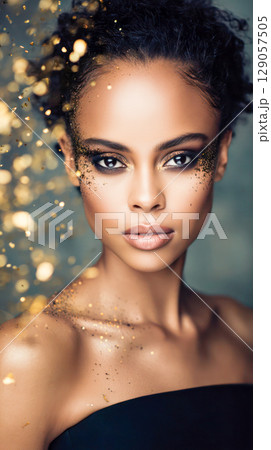 Close-up portrait of a woman with striking makeup and golden glitter accents, showcasing beauty and elegance in a soft, artistic atmosphere 129057505