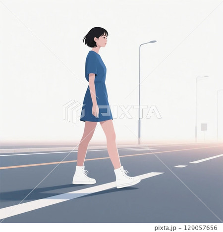 誰もいない都会の道を歩く清楚な女性の情景イラスト 129057656