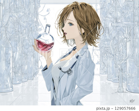 人工血液を研究する若い女性科学者のアニメ風イラスト(医療研究・最先端ラボ) 人工血液を研究する若い女性科学者のアニメ風イラスト(医療研究・最先端ラボ) 129057666
