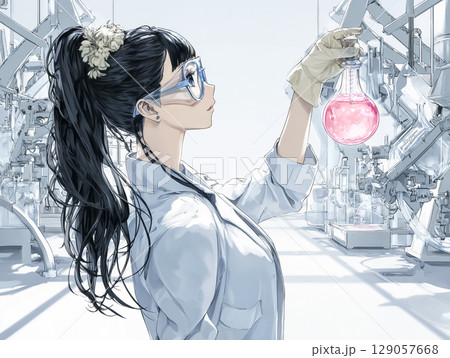 人工血液を研究する若い女性科学者のアニメ風イラスト（医療研究・最先端ラボ） 129057668