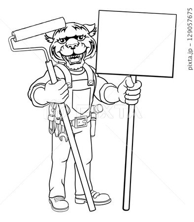 Rhino Painter Decorator Paint Roller Mascot Man 129057675