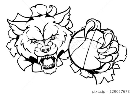 Wolf Holding Basketball Ball Sports Mascot Wolf Holding Basketball Ball Sports Mascot 129057678