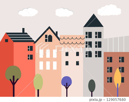 Flat Vector City Street with Minimal Colorful Houses and Trees Flat Vector City Street with Minimal Colorful Houses and Trees 129057680