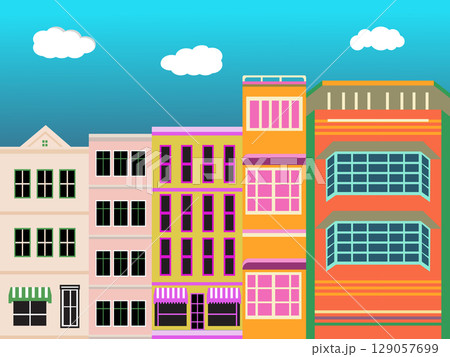 Flat Minimalist Vector Illustration of Colorful City Buildings in Modern Geometric Style Flat Minimalist Vector Illustration of Colorful City Buildings in Modern Geometric Style 129057699