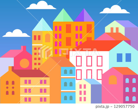 Flat Minimalist Vector Illustration Colorful City Geometric Bright Buildings 129057750