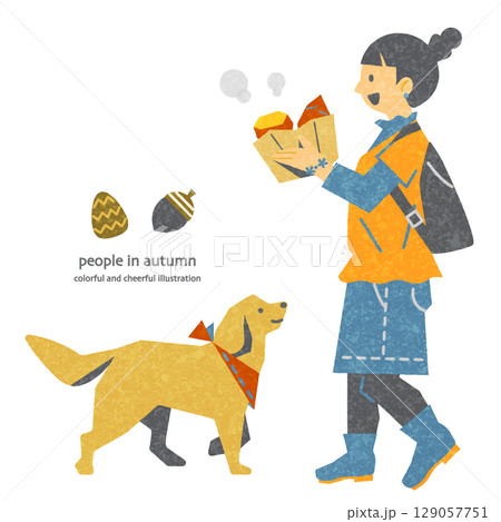 秋を楽しむ女の子と犬　カラフルで楽しい手描き風人物イラスト 129057751