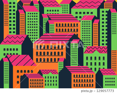 Flat Design Colorful Geometric Cityscape with Abstract Buildings 129057773