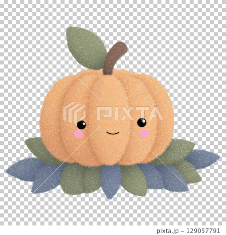Cute pumpkin with smiling face surrounded by soft leaves, perfect for Halloween decorations or festive designs Cute pumpkin with smiling face surrounded by soft leaves, perfect for Halloween decorations or festive designs 129057791