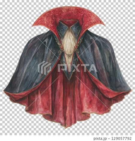 Detailed illustration of vampire cloak with dramatic high collar and intricate red and black design, perfect for Halloween Detailed illustration of vampire cloak with dramatic high collar and intricate red and black design, perfect for Halloween 129057792