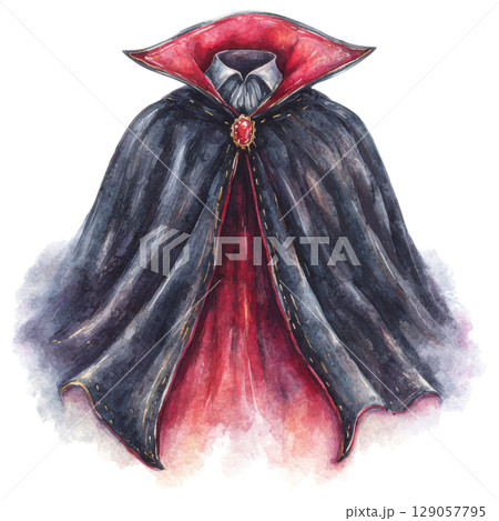 Spooky vampire cloak with red interior and gemstone clasp, perfect for Halloween costumes or decorations Spooky vampire cloak with red interior and gemstone clasp, perfect for Halloween costumes or decorations 129057795