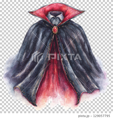 Spooky vampire cloak with red interior and gemstone clasp, perfect for Halloween costumes or decorations Spooky vampire cloak with red interior and gemstone clasp, perfect for Halloween costumes or decorations 129057795
