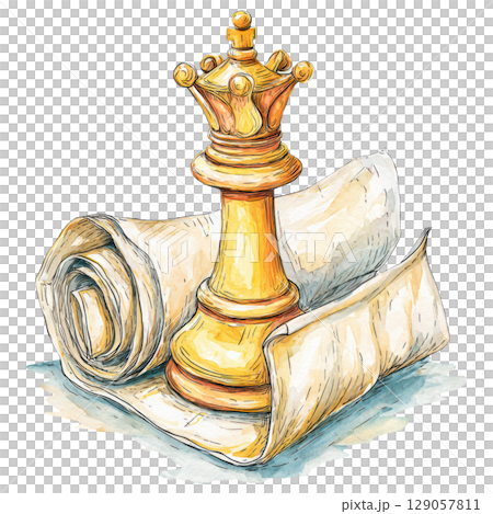 Golden chess queen stands atop rolled parchment, symbolizing strategy and wisdom in creative artistic style 129057811