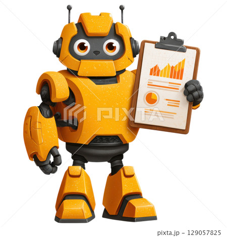 Cheerful orange robot holding clipboard with charts and graphs, showcasing data analysis and futuristic design Cheerful orange robot holding clipboard with charts and graphs, showcasing data analysis and futuristic design 129057825
