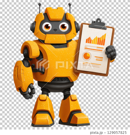 Cheerful orange robot holding clipboard with charts and graphs, showcasing data analysis and futuristic design Cheerful orange robot holding clipboard with charts and graphs, showcasing data analysis and futuristic design 129057825