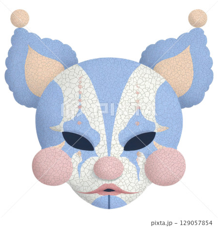 Cracked ceramic mask with Halloween theme, featuring clown like design pastel blue and white, with pink cheeks and pointed Cracked ceramic mask with Halloween theme, featuring clown like design pastel blue and white, with pink cheeks and pointed 129057854