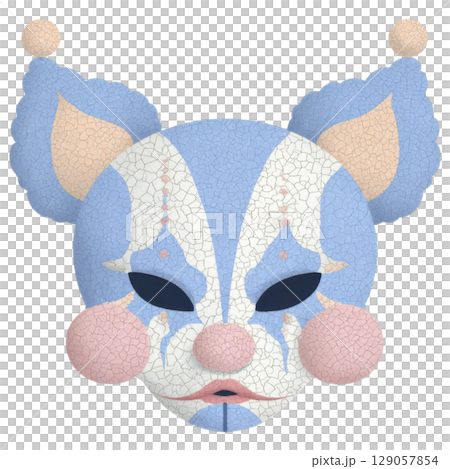 Cracked ceramic mask with Halloween theme, featuring clown like design pastel blue and white, with pink cheeks and pointed 129057854