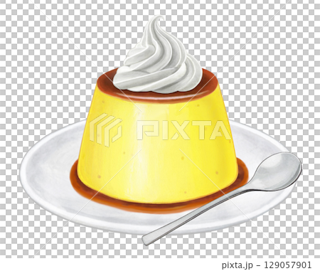 Pudding illustration - Whipped cream on 1 plate with spoon 129057901