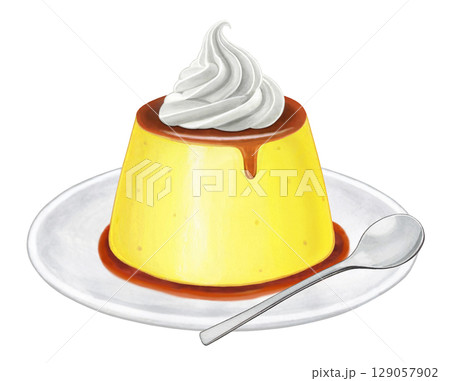 プリンのイラスト - ホイップ乗せ2 皿 スプーンつき プリンのイラスト - ホイップ乗せ2 皿 スプーンつき 129057902