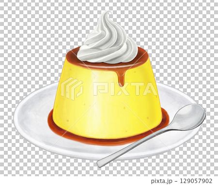 布丁插圖 - 2 個盤子,配有生奶油和勺子 布丁插圖 - 2 個盤子,配有生奶油和勺子 129057902