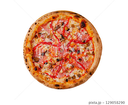 Delicious gourmet pizza topped with ham, mushrooms, and cheese 129058290