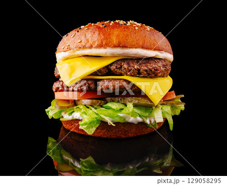 Delicious double cheeseburger made with fresh ingredients and toppings 129058295