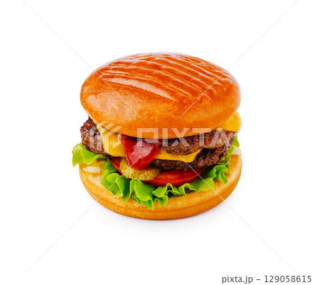 Juicy burger with toppings and toasted bun on a white background 129058615