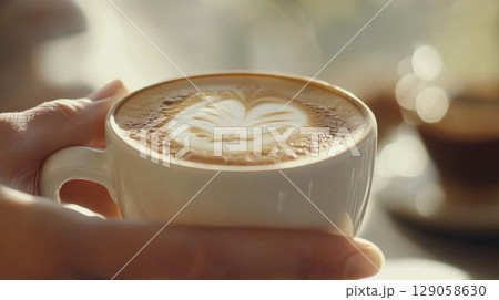 A woman holding cozy mug with latte art in warm setting, perfect for autumn background 129058630