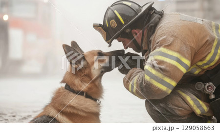 Firefighter and dog in hazy urban setting after an emergency, heroic theme 129058663