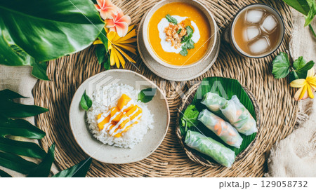 Colorful Thai cuisine including mango sticky rice, spring rolls, and curry, Songkran food background Colorful Thai cuisine including mango sticky rice, spring rolls, and curry, Songkran food background 129058732