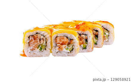 Sushi rolls with vibrant toppings arranged neatly for an appetizing display Sushi rolls with vibrant toppings arranged neatly for an appetizing display 129058921