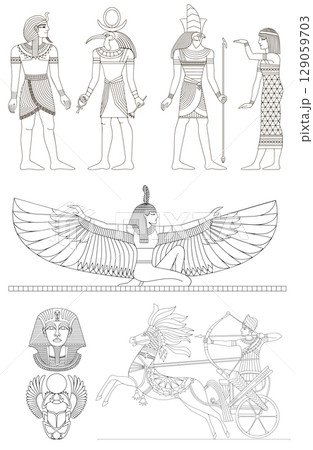 Set of contour ancient Egyptian frescoes 129059703
