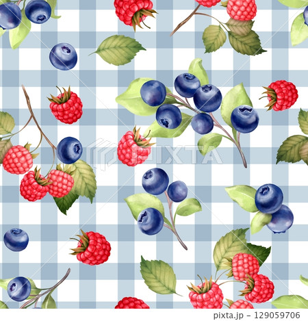 Berry Plaid Seamless Pattern Illustration. Hand-drawn Fruits. 129059706