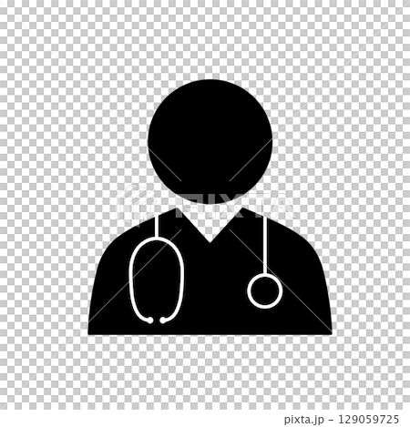 肩から聴診器を下げた医師の白抜きシルエットアイコン 129059725