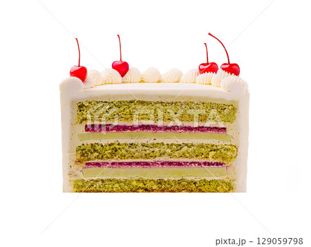 Colorful layered cake with cherries on top served at a celebration event Colorful layered cake with cherries on top served at a celebration event 129059798